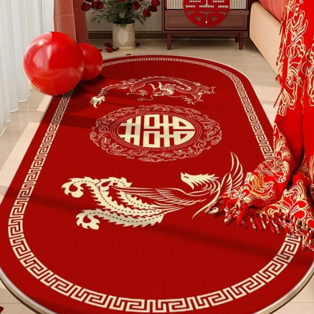 Traditional Happy Wedding Rug | Dragon Phoenix Floral Elegant Carpet Mat